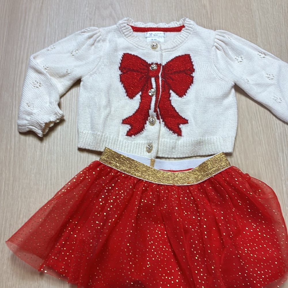 Max Studio Cream Cardigan with Red Bow and Gold Accent Skirt - Picture 3 of 4